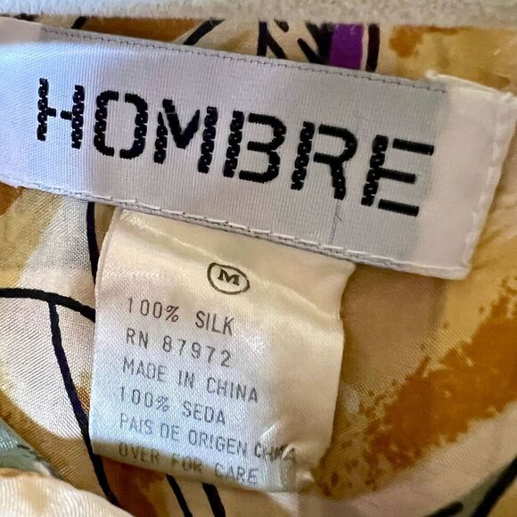 Hombre Mens Multicolor Hat Print 100% Silk Short Sleeve‎ Button Up Shirt Medium - Picture 3 of 8